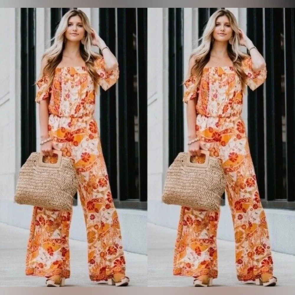 Free People|Carmen Jumpsuit,Boho floral wide leg jumpsuit-off the shoulders••• - Picture 5 of 15